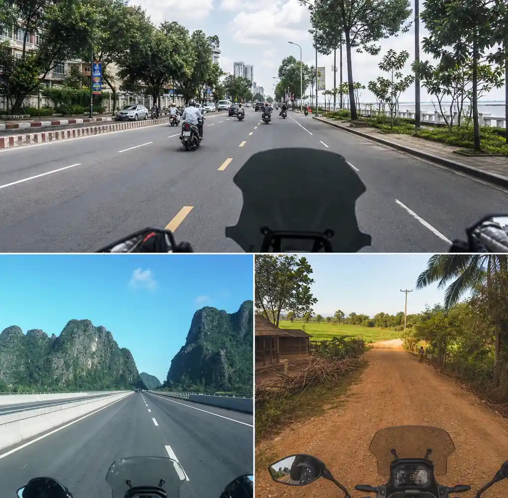 Southeast Asian mixed road conditions showing urban streets, highways, and rural areas