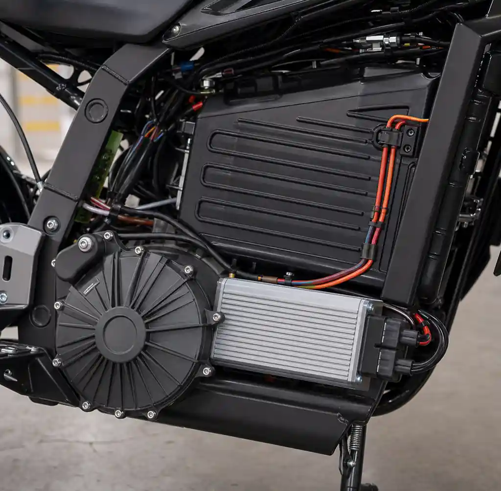 Electric motorcycle motor and battery system components closeup"