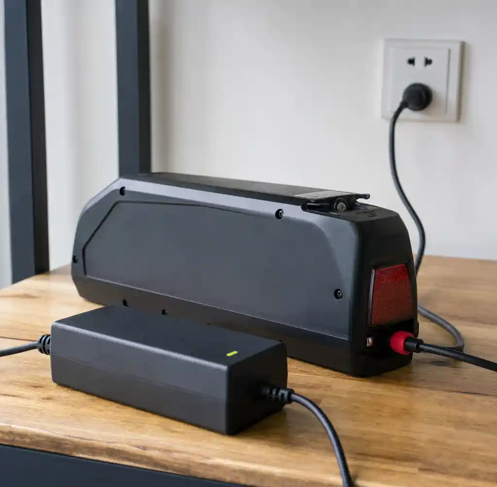 E-bike lithium-ion battery connected to charger