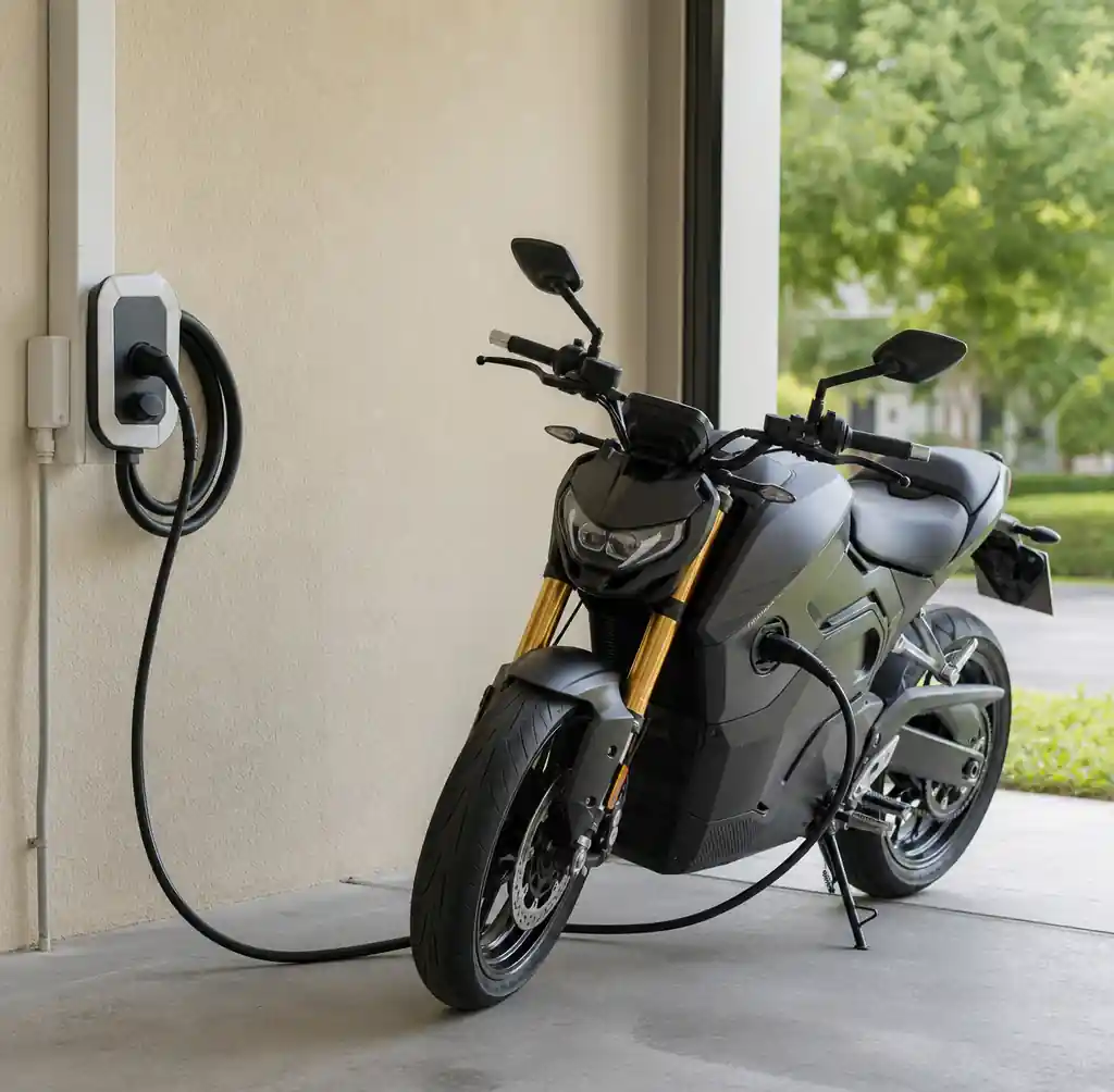 Electric motorcycle charging at residential home outlet