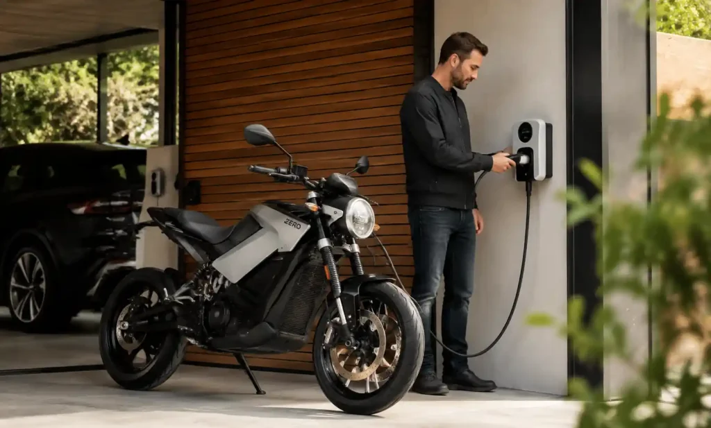 Electric motorcycle plugged into charging station showing cost savings