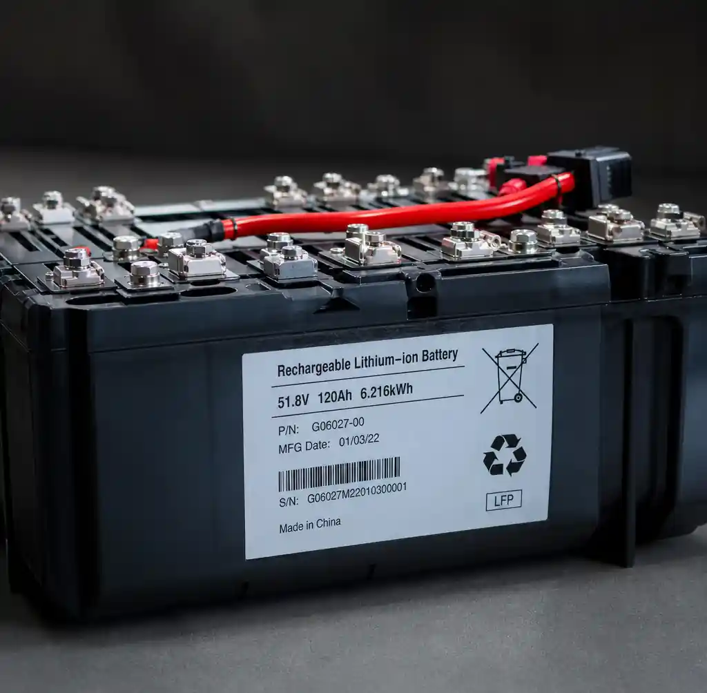 Electric motorcycle lithium-ion battery pack showing voltage and capacity markings