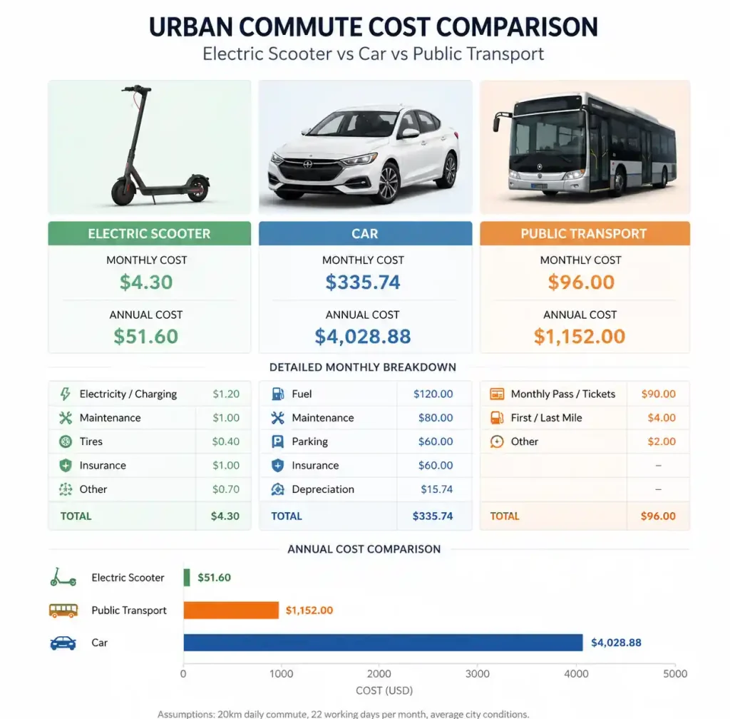Cost Savings Comparison Chart Electric Scooter vs Car vs Transit
