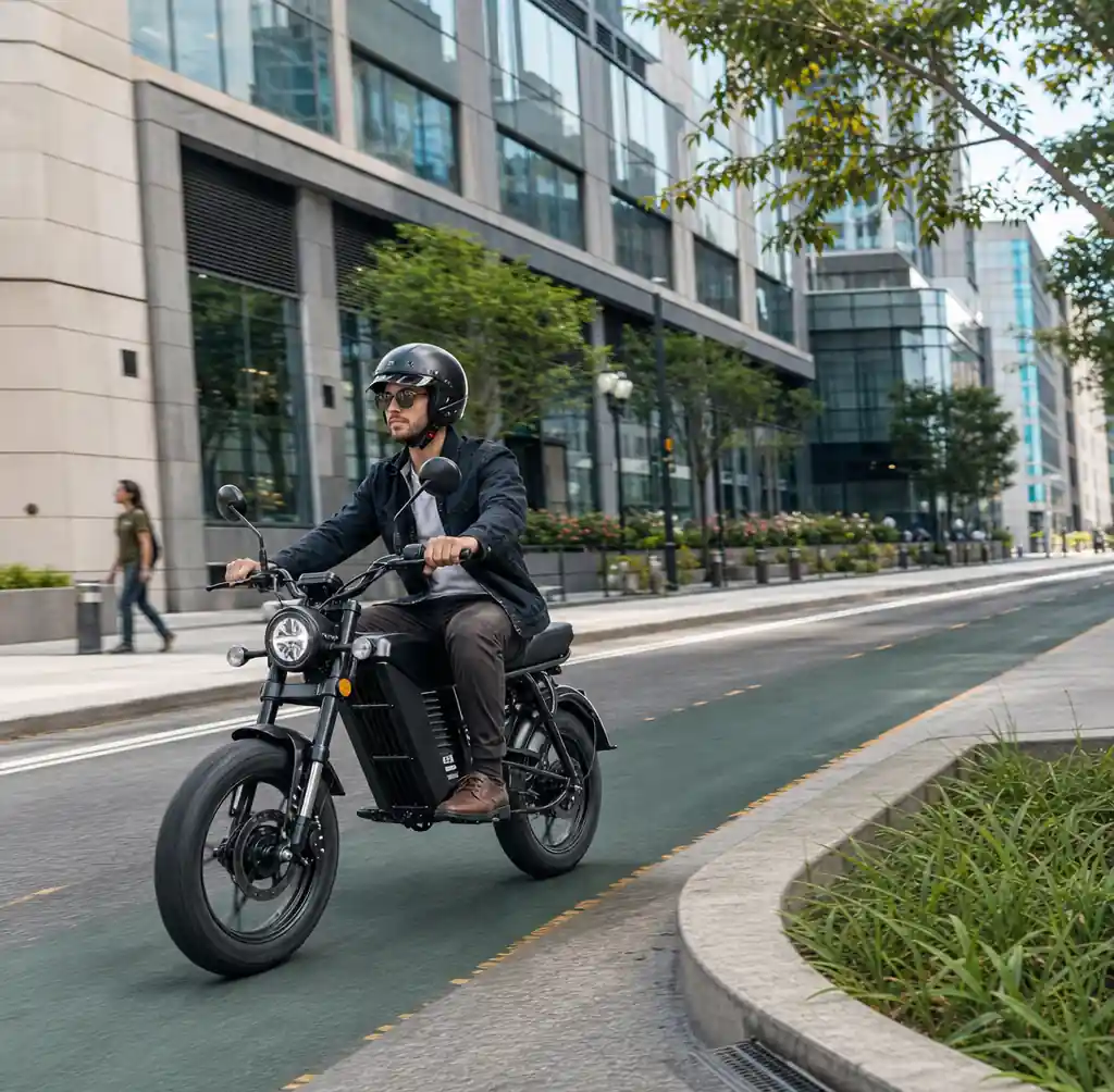 Affordable budget electric motorcycle in city commuting environment