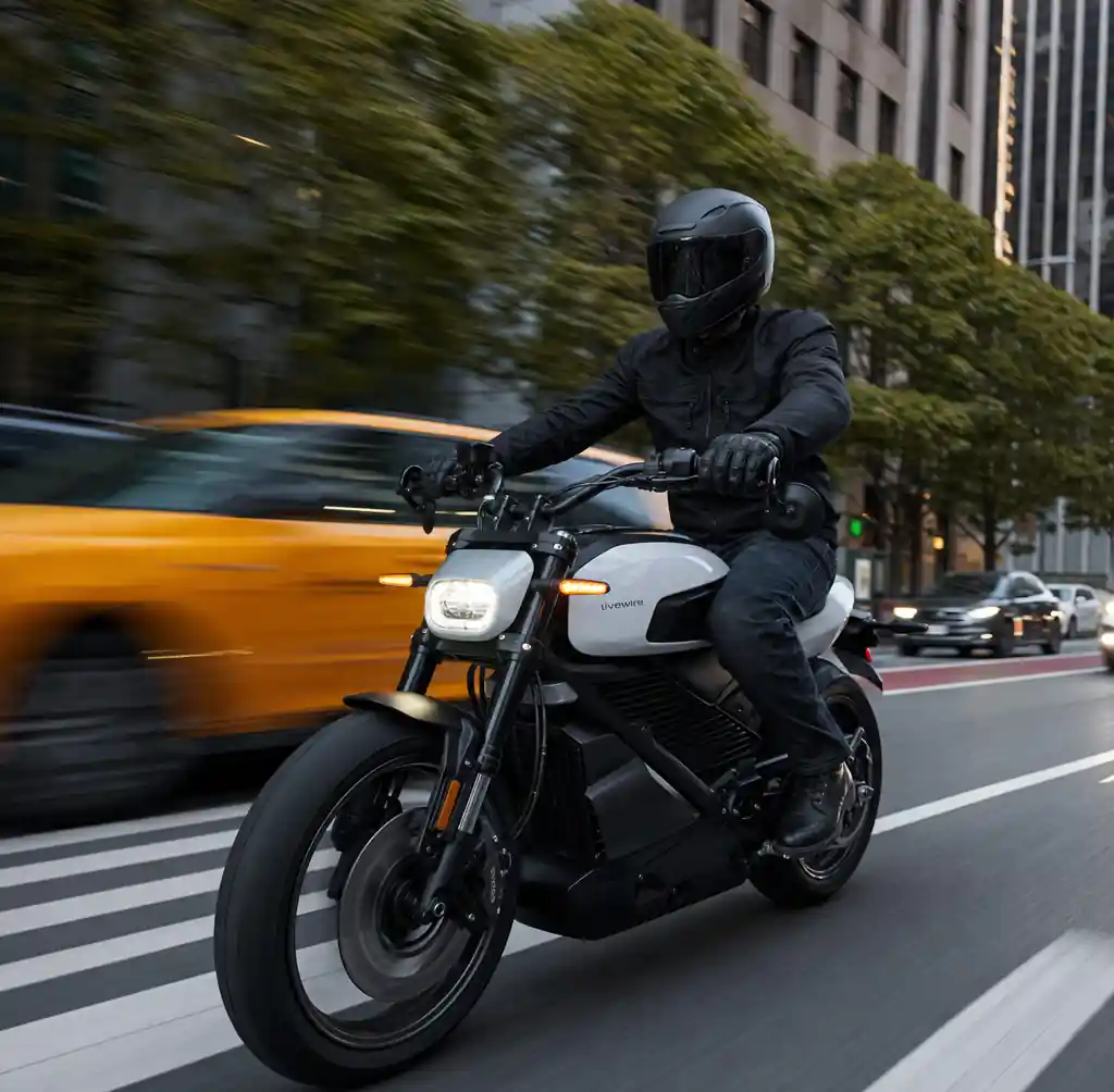 Electric motorcycle accelerating in urban traffic environment
