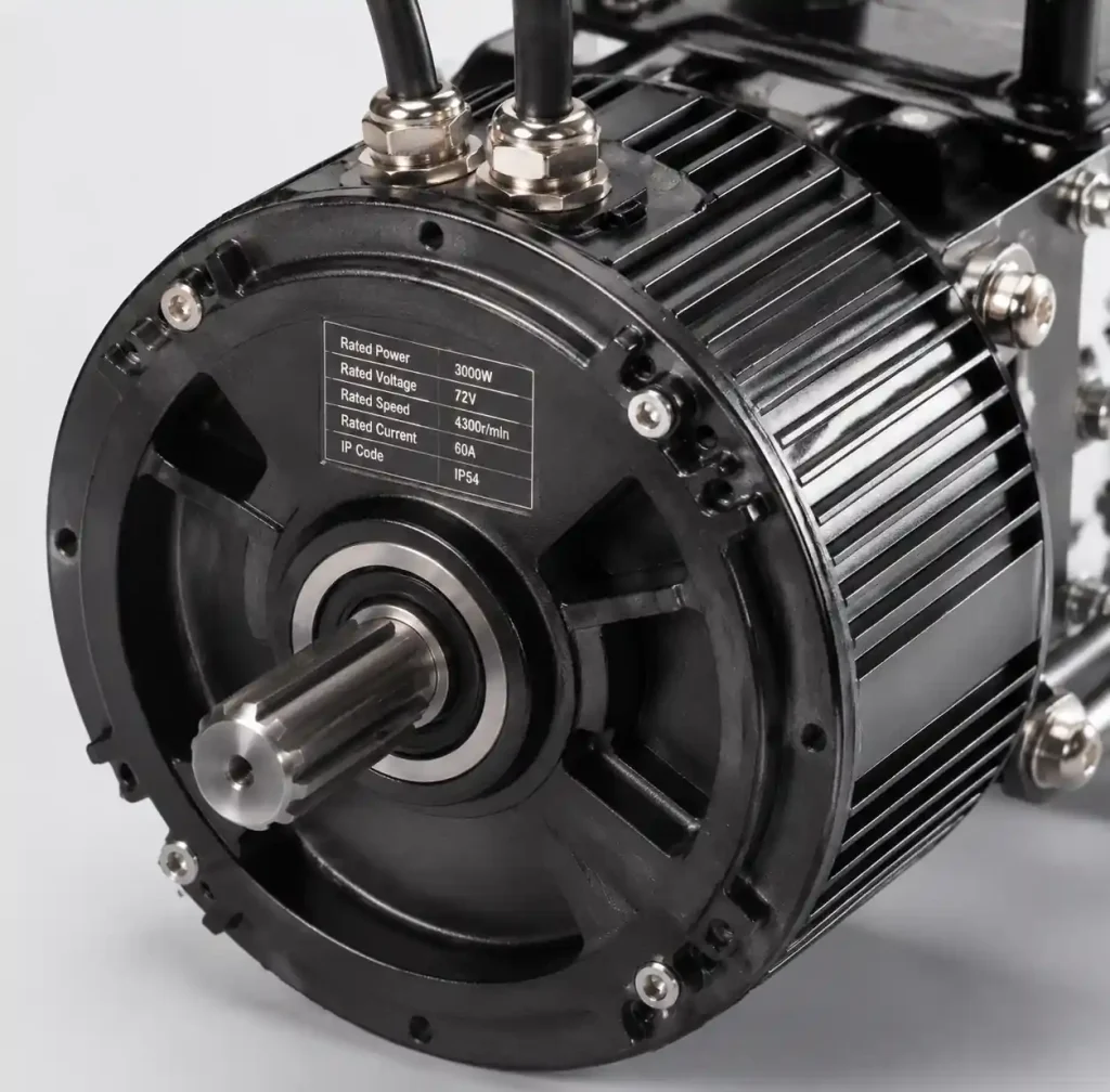 Brushless electric motorcycle motor showing power specifications