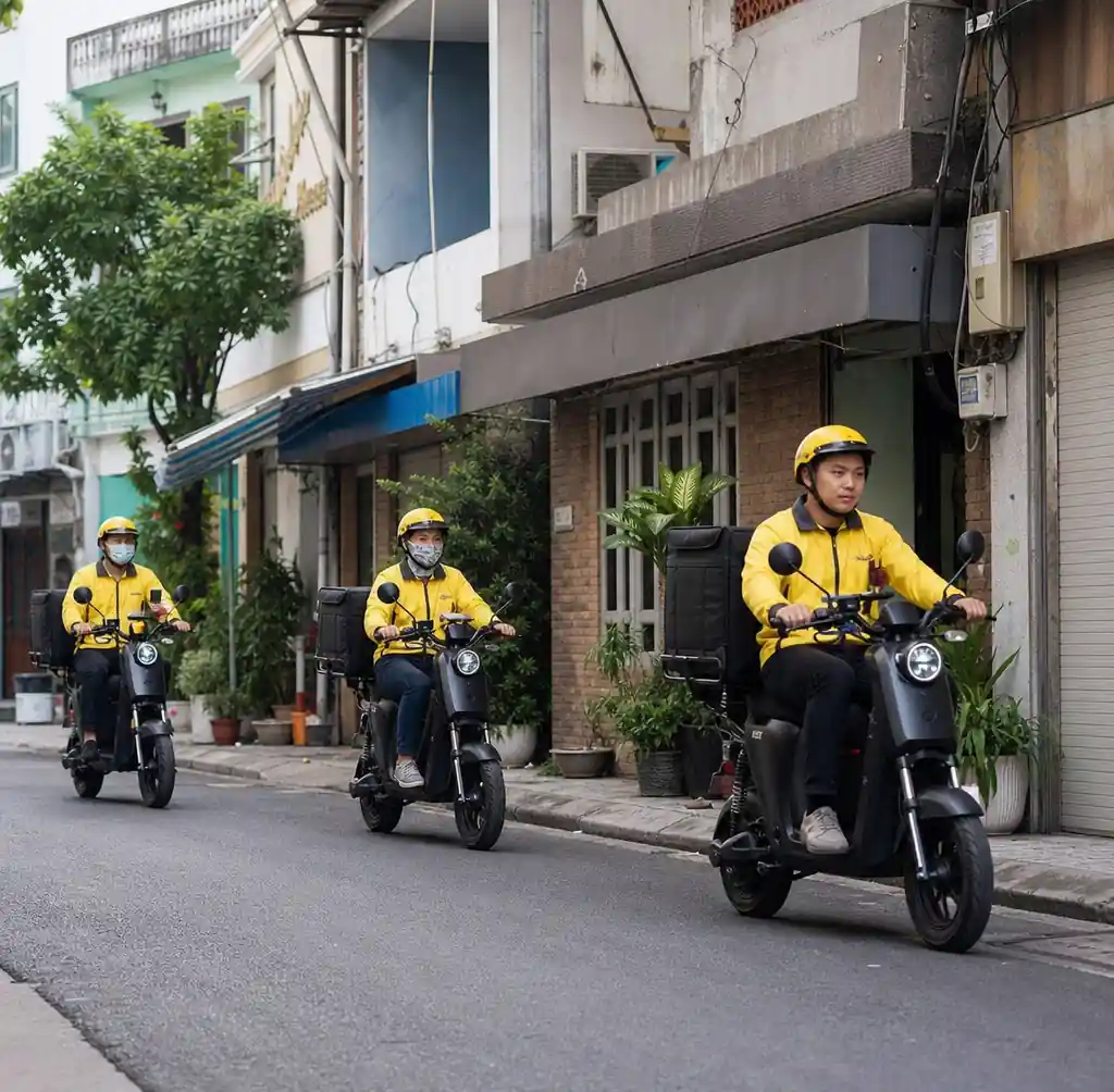Commercial delivery fleet using electric motorcycles in Southeast Asian city