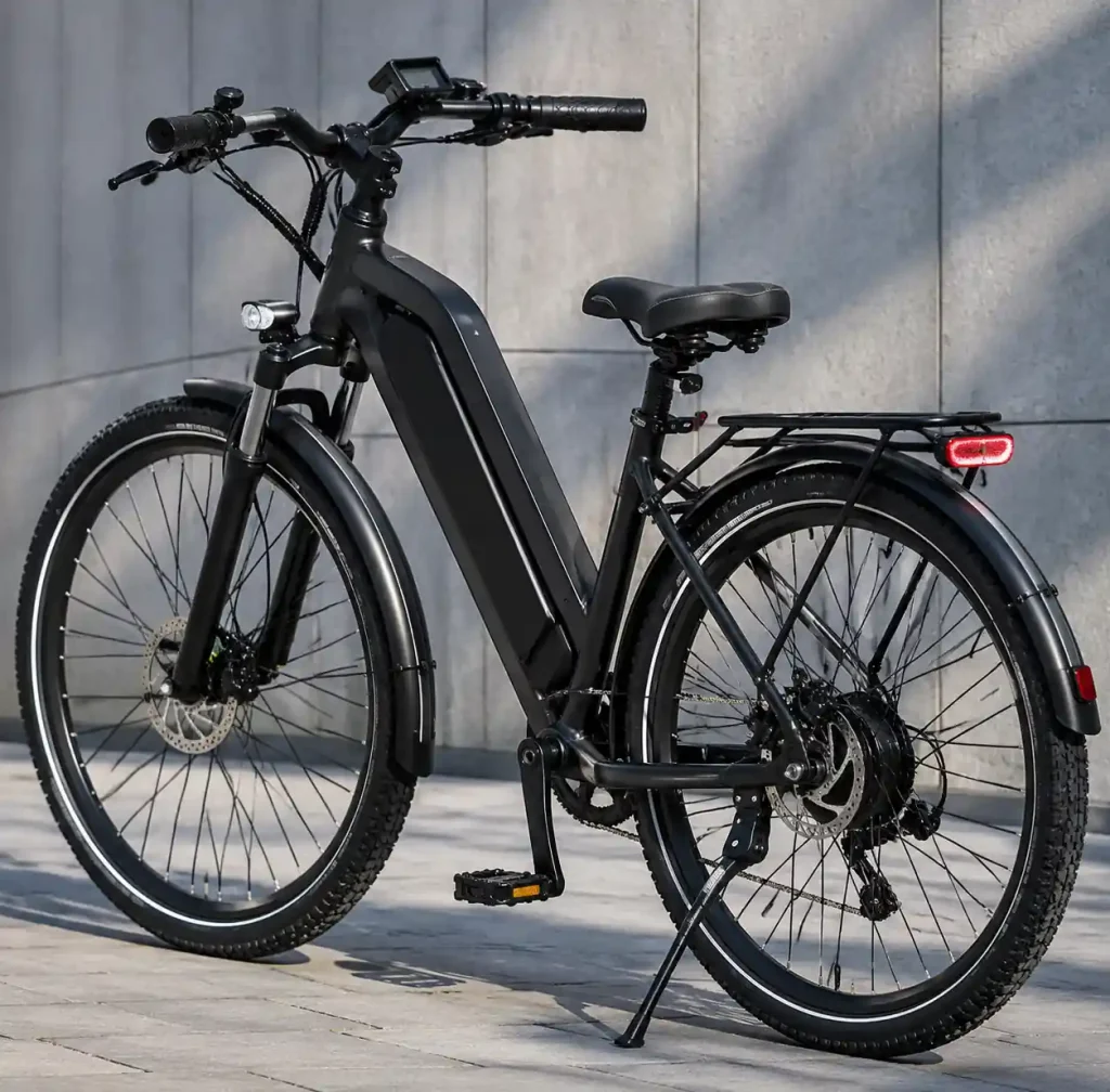 Electric Bicycle with Integrated Lights Fenders and Rack