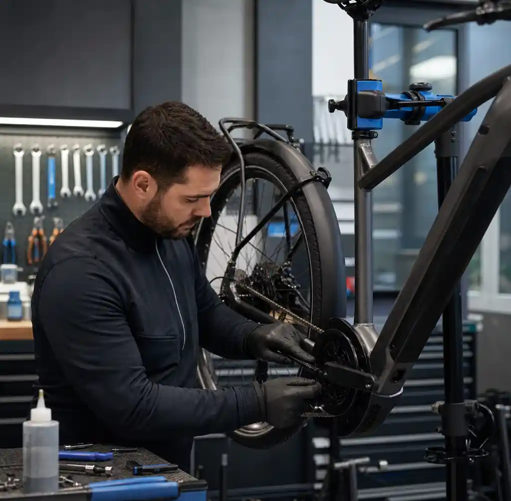 Professional mechanic servicing electric bicycle