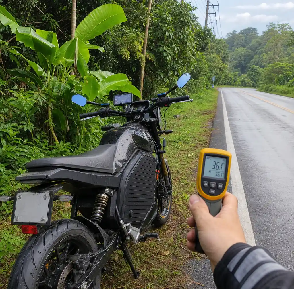 Electric motorcycle range testing in hot tropical weather conditions