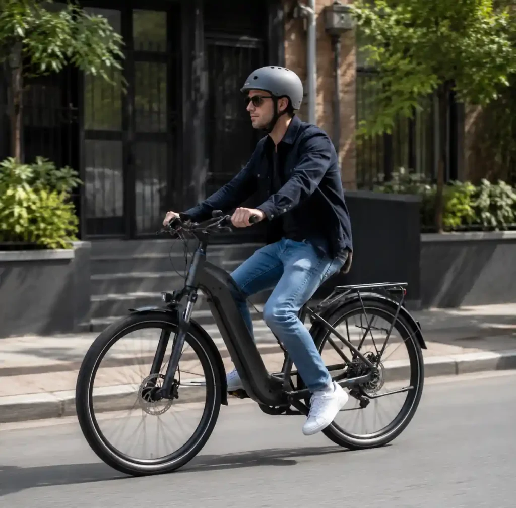 Rider Test Riding Electric Bicycle on City Street